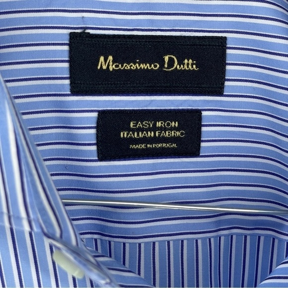 MASSIMO Dutti Men’s Italian Easy Iron Button Dress Shirt 44 17.5 Blue Stripe - Picture 7 of 7